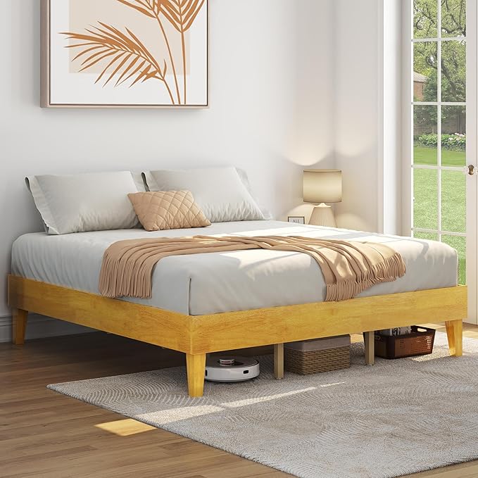 Yaheetech King Bed Frame Natural Solid Wood Platform Bed with Wooden Slats Support, 12-inch Underbed Space for Storage, Noise-Free Design, Easy Assembly, Natural Wood Finish