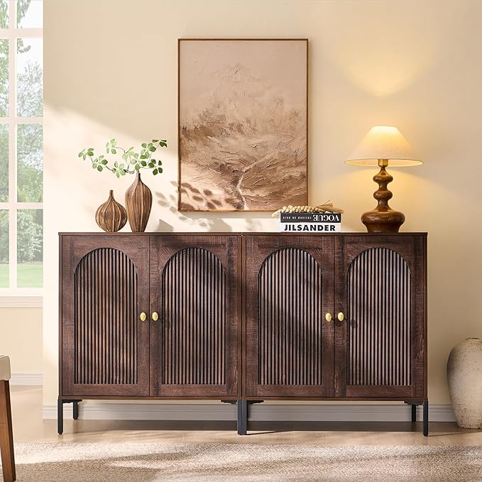 Bathroom Cabinet with Storage, 61.75" W Fluted Arched Free Standing Floor Cabinet w/Adjustable Shelves, Modern Sideboard Cabinet for Bathroom, Kitchen, Living Room, Entryway, Brown