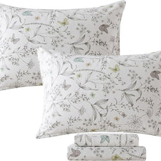 FADFAY Floral Sheets Full Colorful Butterfly Bed Sheets Set Vintage Botanical Bedding Shabby Branches Leaves Bedding Collections 100% Percale Cotton Breathable Super Soft Deep Pocket 4Pcs, Full Size