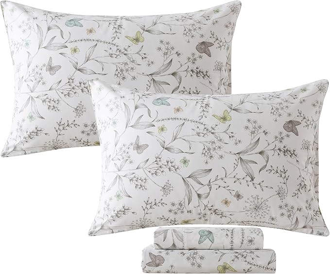 FADFAY Floral Sheets Twin Colorful Butterfly Bed Sheets Set Vintage Botanical Bedding Shabby Branches Leaves Bedding Collections 100% Percale Cotton Breathable Super Soft Deep Pocket 4Pcs,Twin Size