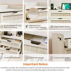 Rattan Nightstand, Bedside Table with Type-C Charging Station - 2 Storage Drawer Space, Boho End Table Side Table for Bedroom Office, Large Night Stand with Charging Port