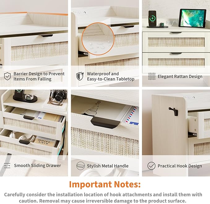 Rattan Nightstand, Bedside Table with Type-C Charging Station - 2 Storage Drawer Space, Boho End Table Side Table for Bedroom Office, Large Night Stand with Charging Port