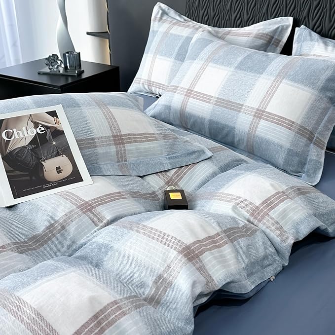 VM VOUGEMARKET Blue White Plaid Duvet Cover Queen,3 Pieces Thick Brushed Cotton Duvet Cover Set,Simple Modern Teen Boys Gingham Bedding Set Without Comforter-90x90 Inch