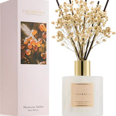 COCORRÍNA Reed Diffuser - Moroccan Amber 6.7 Fl.oz Reed Diffuser Set with Sticks & Preserved Baby's Breath, Reed Diffuser for Home Bathroom Shelf Decor