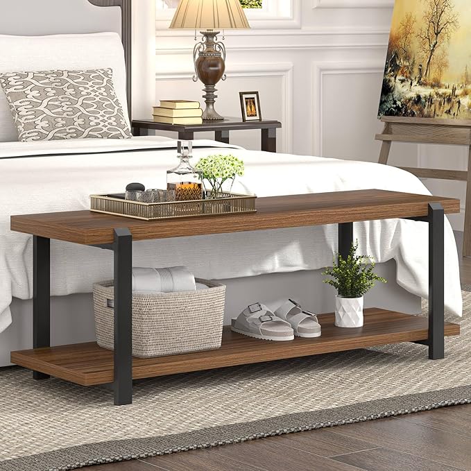 FOLUBAN Entryway Bench with Shoe Storage, Modern End of Bed Bench, Wood and Metal Entry Bench for Hallway Front Door Entrance, Industrial Indoor Bench for Bedroom Living Room, Rustic Walnut, 47 Inch