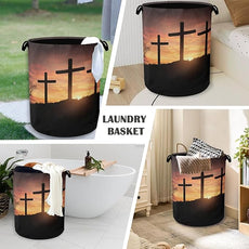Cross Sunset Laundry Basket,Foldable with Handles Tote Bag Oxford Cloth for Bathroom Bedroom Dirty Clothes Storage Bucket 16