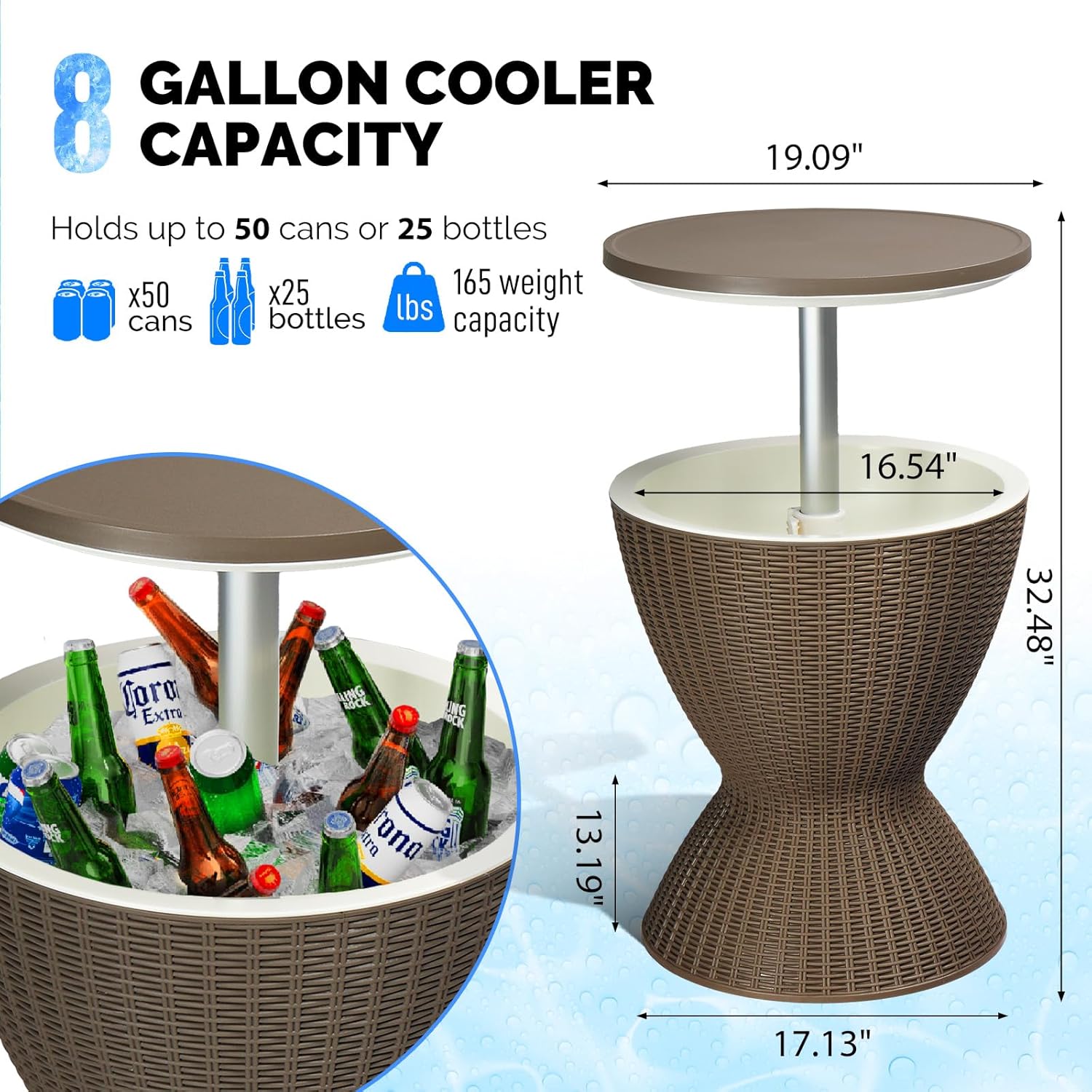 Outdoor Cooler Side Table,Outdoor Cooler Table, Height-Adjustable Outdoor Cool Bar w/ 8 Gallon Beer and Wine Cooler, All-Weather Resistant Patio Cooler Ice Cool Bar for Deck Pool Party (Coffee)