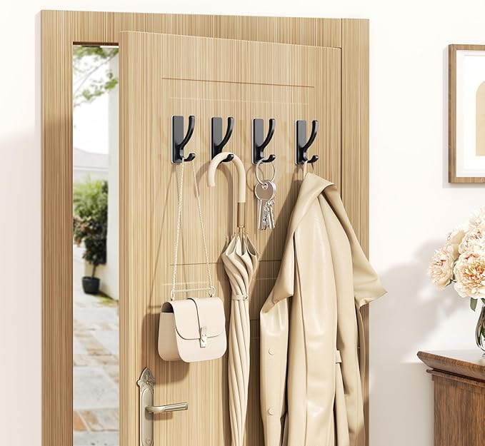 pickpiff Adhesive Wall Hooks for Towels - Sticky Hook Hanging Heavy Duty (13lb), Hanger for Door, Bathroom, Dorm, Closet - for Coats, Purse, Bag, Robe - No Damage to Wall - Black 4 Pack