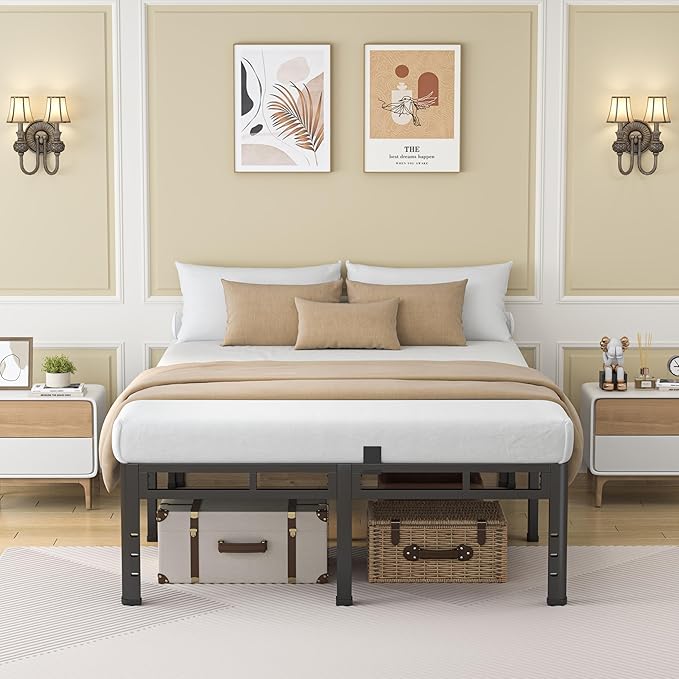 NKZ 22 Inch Queen Size Bed Frame, Metal Bed Frame & Box Spring 2 in 1 Platform with Round Corner Legs, 4000Lbs Heavy Duty Metal Frame, Mattress Slide Stopper, Headboard Hole, Noise-Free, Easy Assembly