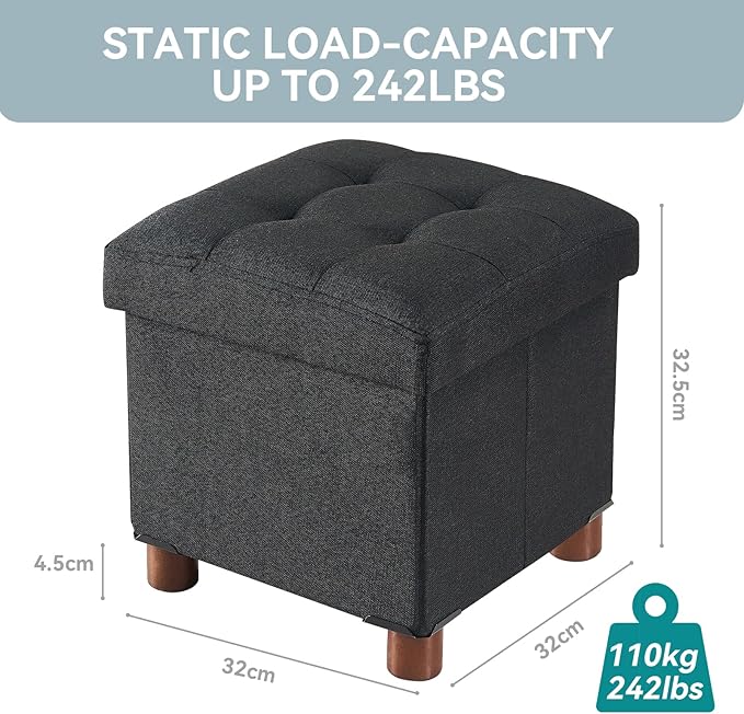 BRIAN & DANY Small Ottoman with Storage, Small Storage Ottoman, Folding Foot Stool with Wood Legs for Living Room and Bedroom Linen Rest Seat, 12.6"x12.6"x12.8" - Black