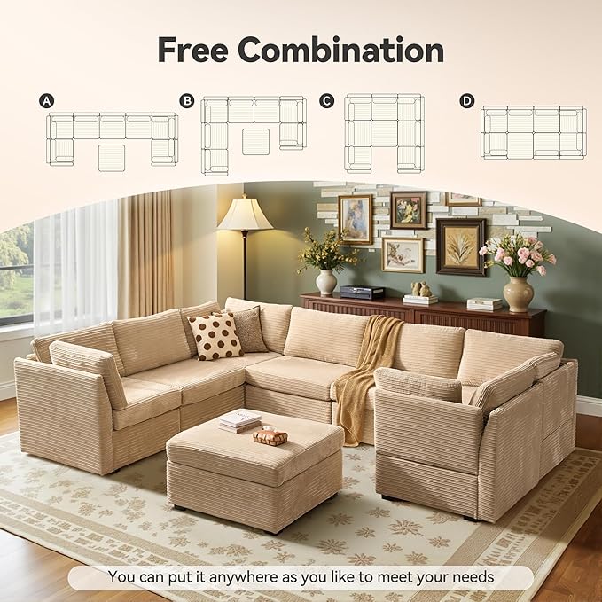 Large 8 Seat Modular Sectional Sofa with Ottoman Seat Corduroy Sleeper Sectional Sofa Bed Oversized Convertible Modular Couch for Living Room