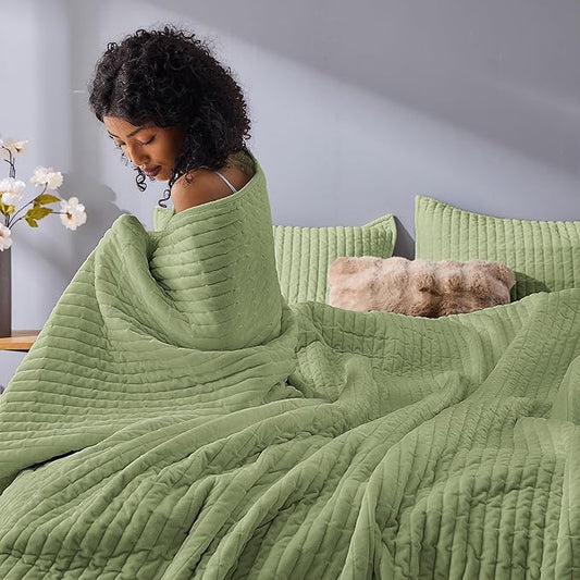 Wonderful Velvet Quilt Queen Size Stitched Green Bedding Set, Brushed Stitched Lightweight Comforter, Luxious Boho Bedspread Soft Faux Suede Coverlet with Shams for All Season (Mint Green)