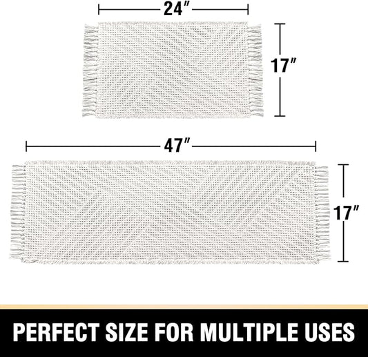 H.VERSAILTEX Waffle Bath Mat Super Absorbent Boho Bath Mat Non Slip Bath Rugs for Bathroom Floor Machine Washable Dry Fast Bathroom Rugs with Tassels (47 x 17 Plus 17 x 24 Inches, Ivory White)