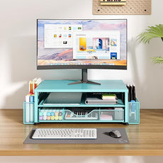 OPNICE Desk Organizers and Accessories, 2-Tier Computer Monitor Stand Riser with Drawer and 2 Pen Holders, Laptop Stand, Office Desk Accessories for Office Supplies, Teal Blue
