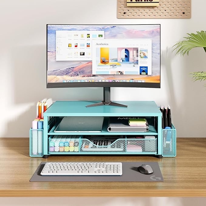 OPNICE Desk Organizers and Accessories, 2-Tier Computer Monitor Stand Riser with Drawer and 2 Pen Holders, Laptop Stand, Office Desk Accessories for Office Supplies, Teal Blue