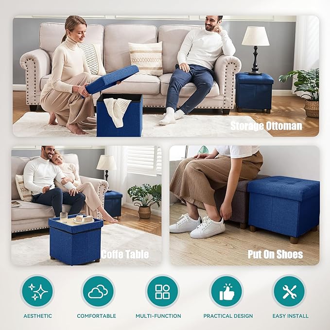 BRIAN & DANY Small Ottoman with Storage, Small Storage Ottoman, Folding Foot Stool with Wood Legs for Living Room and Bedroom Linen Rest Seat, 12.6"x12.6"x12.8" - Blue