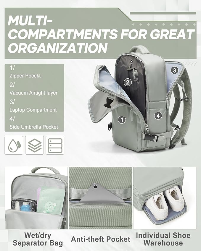 suwasp Vacuum Compression Backpack, 45L Expandable Travel Backpack with Electric Vacpack Pump, Travel Vacuum Bags with Shoe Compartment/17inch Laptop Compartment/USB Port, Glassgreen