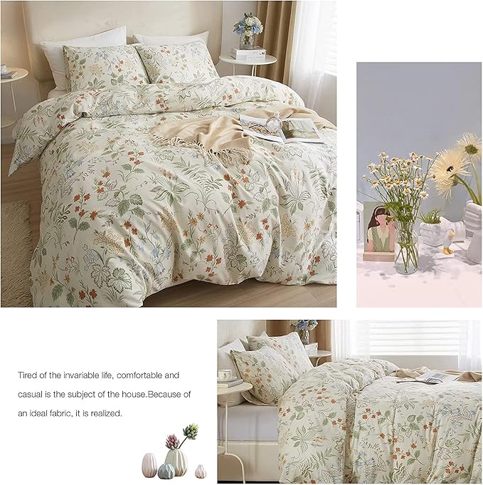 HighBuy Garden Floral Duvet Cover Queen Size Cotton Bedding Comforter Cover Set with Zipper Ties,Paisley Jacquard Floral Hotel Quality,1 Duvet Covers and 2 Pillowcases,Queen Bed Set