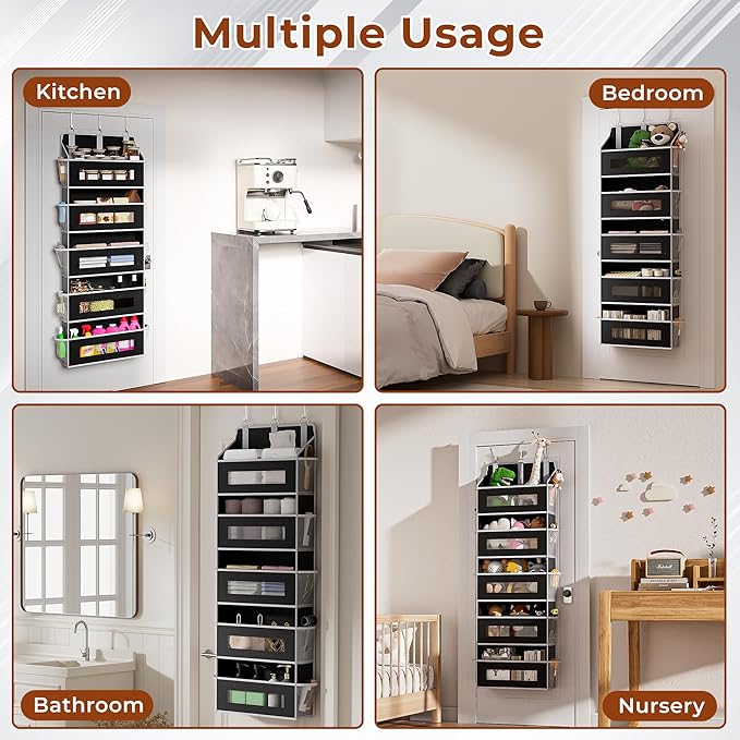 5-Tier Over The Door Storage Organizer with 10 Side Mesh Pockets, 48 lbs Load Capacity, 3 Hooks Design, Door Hanging Organizer with Clear Windows for Bathroom, Bedroom, Nursery, Kitchen-Black