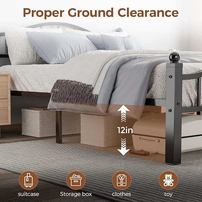 Metal Queen Bed Frames, Noise-Free Design & Underbed Storage Heavy Duty Queen Size Bed Frames with Headboard No Box Spring Needed/Tool-Free Assembly