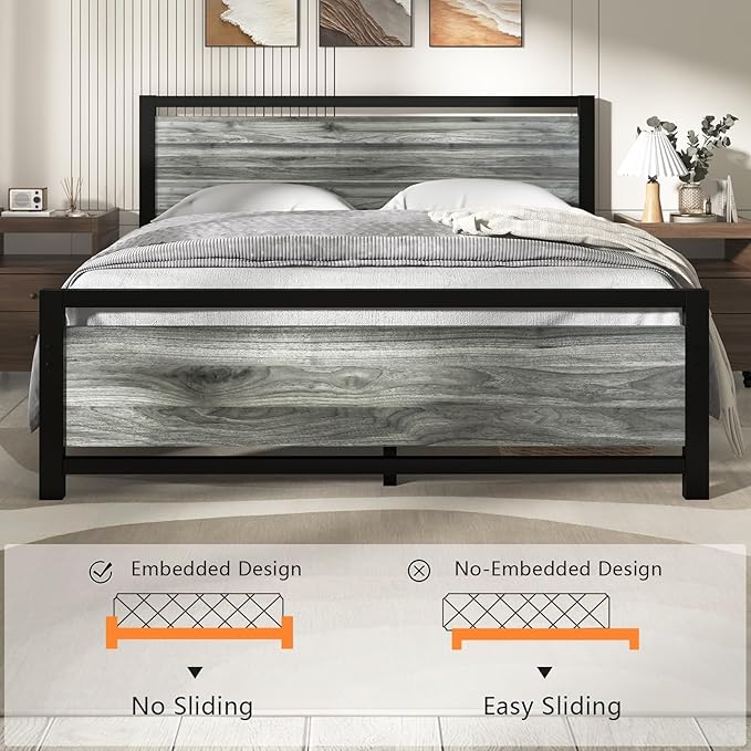 Full Size Bed Frame with Headboard, Industrial Style Full Bed Frame, Bed Frame Full Size with Wooden Footboard, No Box Spring Needed, Noise-Free, Easy Assembly, Wash Grey