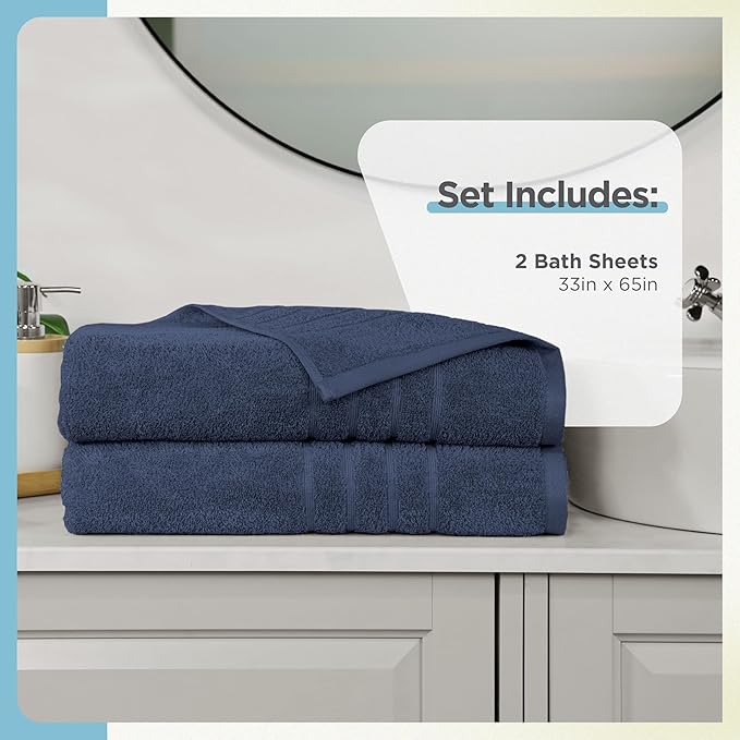 Martex 2-Pack Ultimate Performance Bath Sheet Set – 100% Cotton – 33” x 65” – Extra Large Bath Towels – Versatile – Low-Linting – Supersoft Bathroom Set – Super Absorbent – Easy Care – Estate Blue