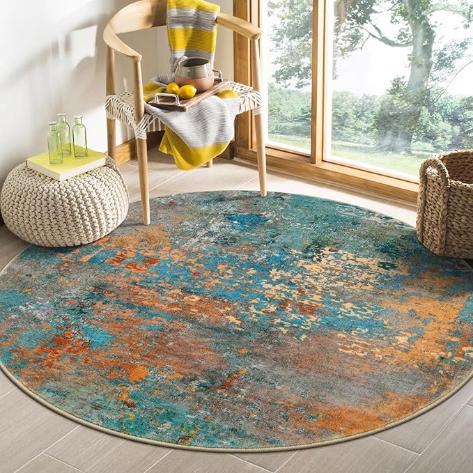 Lahome Modern Abstract Round Rug - 4Ft Colorful Rugs for Entryway Small Bathroom Rugs Washable 4x4 Circle Mat, Contemporary Indoor Floor Accent Carpet for Kitchen Bedroom Family Room Decor
