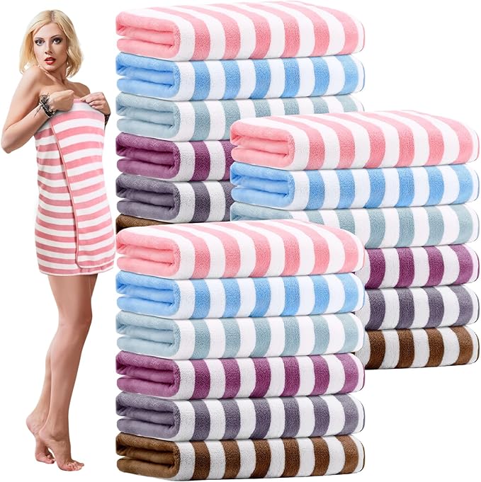 18 Pack Microfiber Bath Towels Bulk 27'' x 60'' Oversized Size Bath Towel Highly Absorbent Extra Large Soft Drying for Shower Beach Winter Salon Sport Gym Party (Stripes,Multicolor)