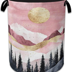 Mountains Laundry Basket,Foldable Oxford Cloth Sun Forest Golden Pink Laundry Hamper with Handles, 20.8