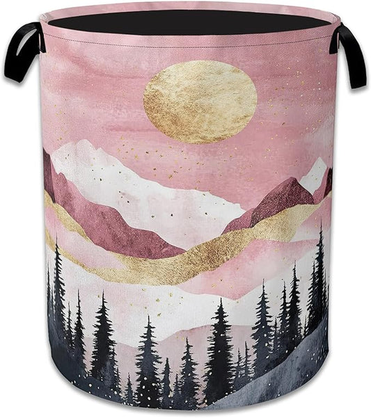 Mountains Laundry Basket,Foldable Oxford Cloth Sun Forest Golden Pink Laundry Hamper with Handles, 20.8"x16" Tote Bag Clothes Storage Bucket for Laundry Room/Bathroom/Bedroom/Dormitories