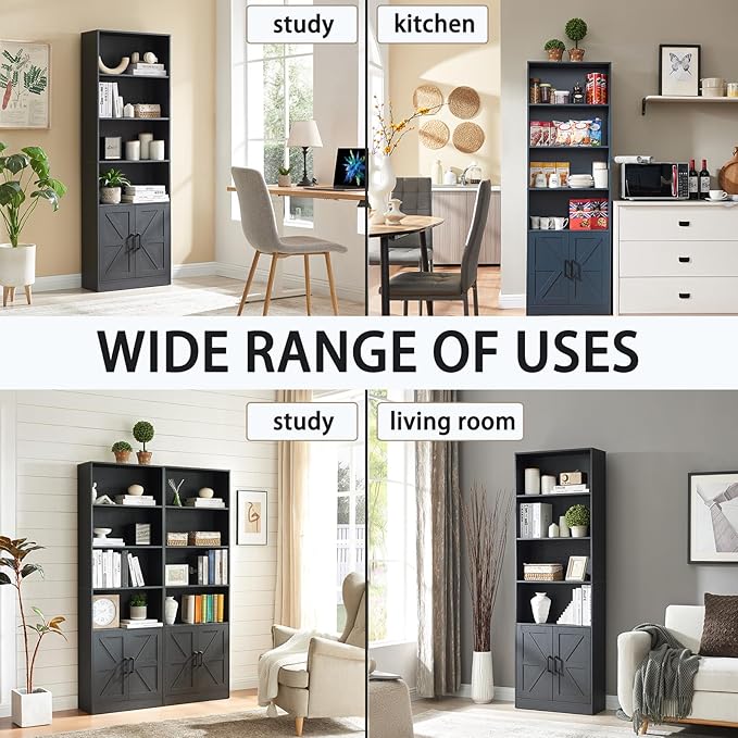 70in Tall Bookshelf 6 Tier Bookcase with Barn Doors and Adjustable Shelf, Black Farmhouse Book Shelves with Storage Cabinet,Wood Floor Standing Display Bookshelve for Bedroom,Living Room,Kitchen