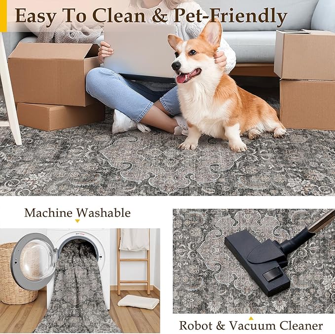 8x10 Washable Vintage Area Rug Black Grey Living Room Bedroom Carpet Non-Slip Soft Low Pile Distressed Indoor Large Throw Rug for Dining Room Office