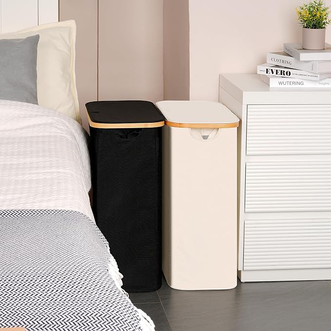 efluky Slim Laundry Basket with Lid, Narrow Laundry Hamper with Removable Bag, Skinny Dirty Clothes Basket with Bamboo Handles for Bathroom, Bedroom & Laundry Room, 65L Black