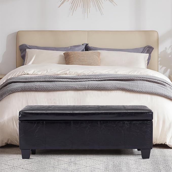Faux Leather Storage Ottoman Bench with Hinged Lid,42 Inch Large Rectangular Footrest Stool for Bedroom End of Bed, Entryway and Living Room, Padded Seat Shoe Bench, Black