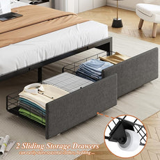Queen Size Bed Frames with Storage Headboard and 2 Drawers, Upholstered Platform Bed Frame Queen with Led Lights and Handy Charging Station, No Box Spring Needed, Easy Assembly, Noise Free, Gray