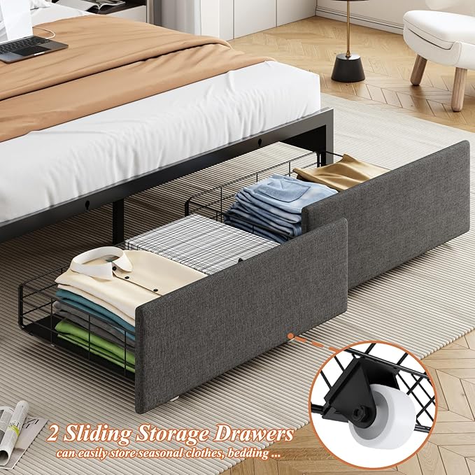 Queen Size Bed Frames with Storage Headboard and 2 Drawers, Upholstered Platform Bed Frame Queen with Led Lights and Handy Charging Station, No Box Spring Needed, Easy Assembly, Noise Free, Gray