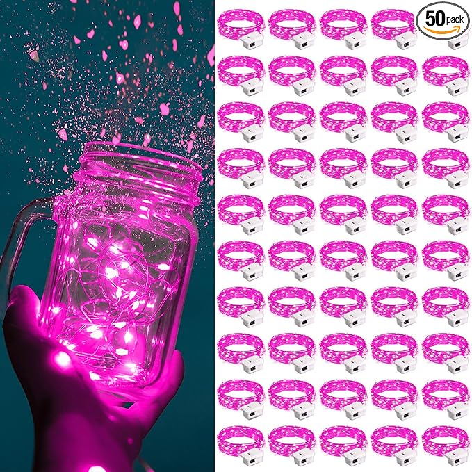 ZGWJ Fairy Lights Battery Operated, 50 Pack Twinkle String Lights 20 LED 7FT 3 Lighting Modes for Bedroom Decor, Easter, Halloween, Christmas, Party Indoor and Outdoor Decoration Pink