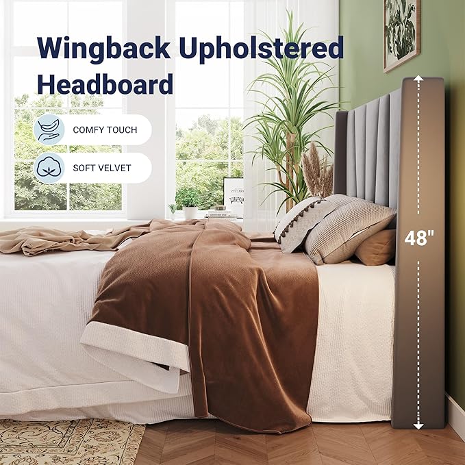 Allewie Queen Size Platform Velvet Bed Frame with Geometric Wingback Headboard, Boho Upholstered Bed with Wooden Slats Support, No Box Spring Needed, Easy Assembly, Light Grey