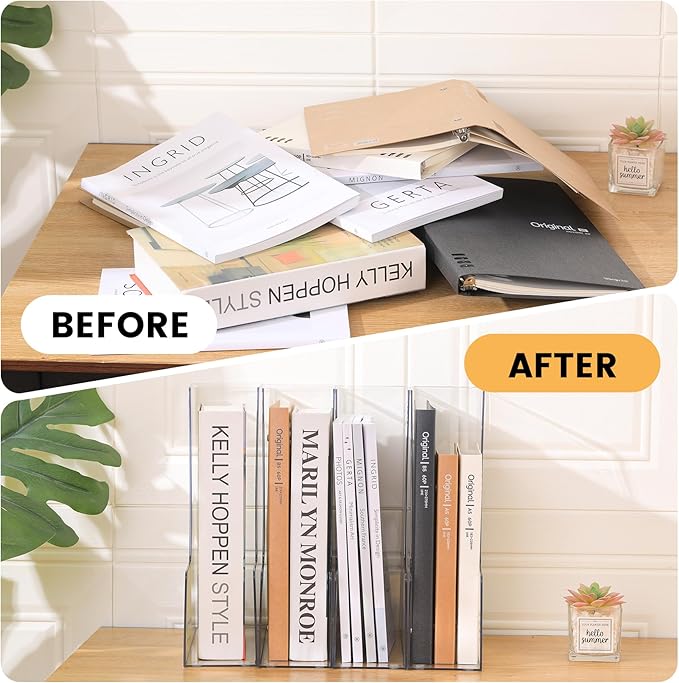 Vertical File Holder, Clear PET Desk Organizer and Storage Bins Holding for Magazines, Binders, Notebooks, Envelopes, Multi-purpose Plastic Document Organizer for Home Office, 4 pack