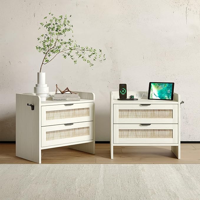 Rattan Nightstand Set of 2, Bedside Table with Type-C Charging Station - 2 Storage Drawer Space, Boho End Table Side Table for Bedroom Office, Large Night Stand with Charging Port