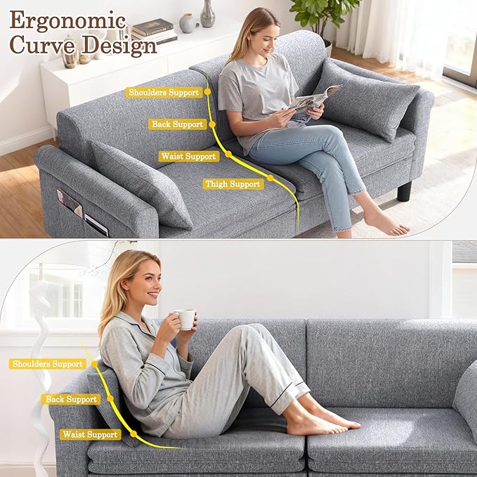 SEJOV 74" Convertible Sofa Bed, 5-in-1 Loveseat Sleeper Sofas with Pull Out Couch Bed, Storage Pockets & 2 Pillows, Modern Folding Linen Futon Couch for Living Room, Bedroom, Small Space, Gray