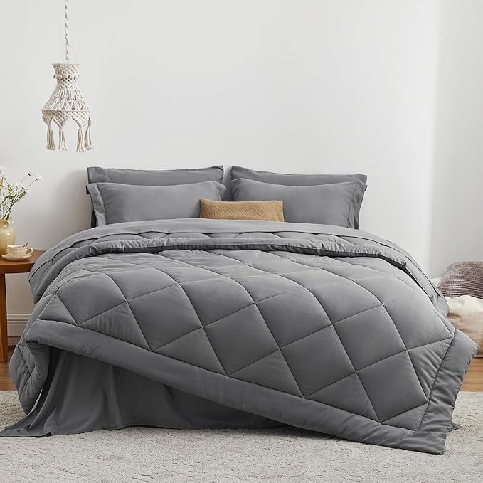Love's cabin Full Comforter Set Grey, 7 Pieces Full Bed in a Bag, All Season Bedding Sets with 1 Comforter, 1 Flat Sheet, 1 Fitted Sheet, 2 Pillowcase and 2 Pillow Sham