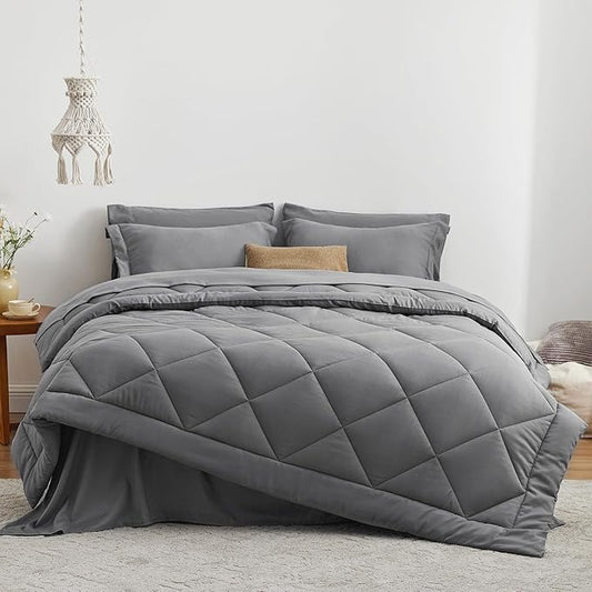 Love's cabin Full Comforter Set Grey, 7 Pieces Full Bed in a Bag, All Season Bedding Sets with 1 Comforter, 1 Flat Sheet, 1 Fitted Sheet, 2 Pillowcase and 2 Pillow Sham
