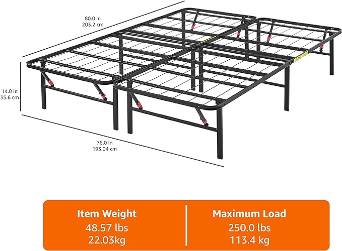 Amazon Basics Bed Frame with Storage, Foldable Metal Platform, Sturdy Steel, No Box Spring Needed, 14 inches High, Tool-Free Setup, King Size, Black