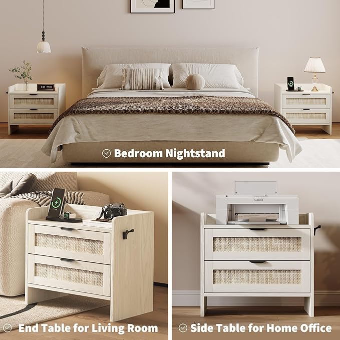 Rattan Nightstand, Bedside Table with Type-C Charging Station - 2 Storage Drawer Space, Boho End Table Side Table for Bedroom Office, Large Night Stand with Charging Port