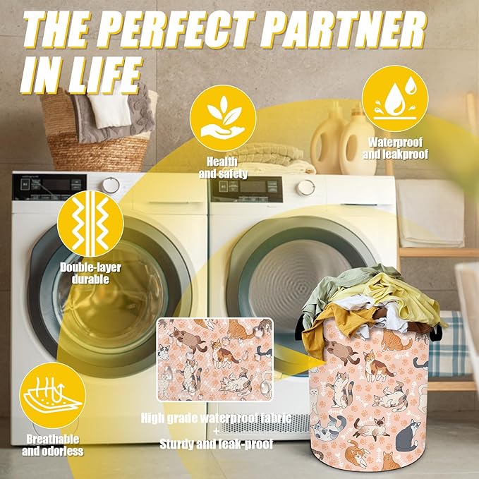 Funny Cats Laundry Basket,Foldable Oxford Cloth Funny Tote Bag Laundry Hamper Clothes Storage Bucket Toy Organizer For Bathroom Laundry Storage Bedroom 18.9x16.5