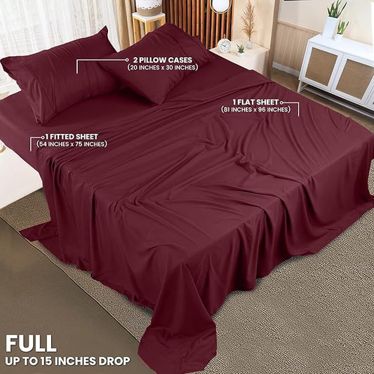 Utopia Bedding Full Sheet Set – 4 Piece Bed Sheets for Full Size Bed, Soft and Breathable Microfiber, Includes 1 Fitted Sheet, 1 Flat Sheet and 2 Pillowcases (Burgundy)