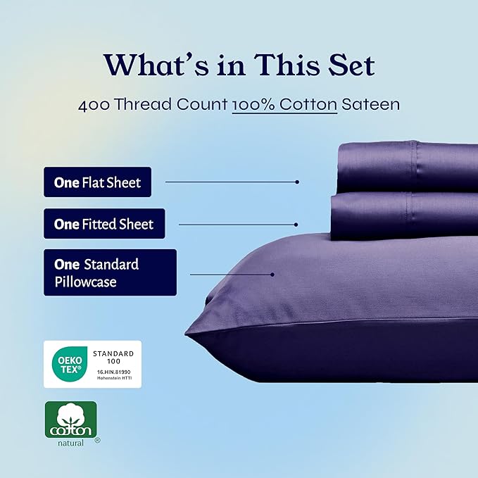 California Design Den Twin Sheets Set - Soft 400 Thread Count Sateen, Natural 100% Cotton Sheets with Deep Pockets, and Durable Bedding Set - Purple