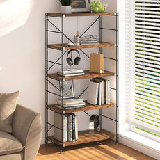 5 Tier Bookshelf, Book Shelf 67/59Inch, Tall Bookcase, Industrial Bookshelves, w/Metal X-shaped support, Adjustable Shelves, Metal Fram, for Living Room,kitchen (walnut, H 66.93×W31.5×L 15.75 IN)