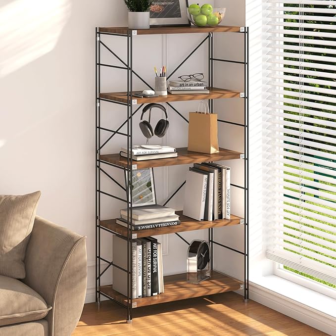 5 Tier Bookshelf, Book Shelf 67/59Inch, Tall Bookcase, Industrial Bookshelves, w/Metal X-shaped support, Adjustable Shelves, Metal Fram, for Living Room,kitchen (walnut, H 66.93×W31.5×L 15.75 IN)